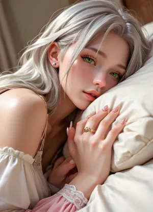 masterpiece, score_9, score_8, view from the side, girl 20 years old, long silver hair, small face, huge nose, green eyes, lay on the bed and sleep, little hands. little nails, + 1 big plastic sex doll with strapon on, girls hands hold a plastic very big sex doll and rubbs her labia with it. sex doll nose touch the vulva from the girl