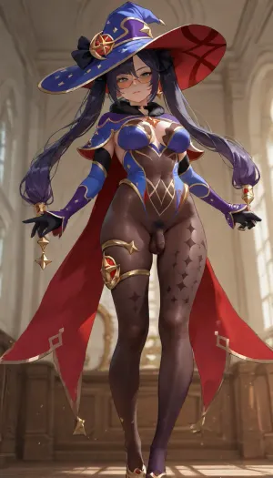 very beautiful character art, 1futanary, an ephemeral beauty, feminine, beautiful hair, beautiful eyes, emphasizing her beautiful body, lovely and detailed outfit, in frame, steady gaze, surrounded by a soft nebula with a gentle glow that highlights her beautiful body, soft focus, soft illumination, depth of field, perfect eyes, mature futanari, beautiful background, beautiful composition, breathtaking masterpiece, ultra high quality. pubic hair, small penis, flaccid penis, saggy penis, testicles, she stay in fashion model pose. no panties.

Anime art, full body shot, real eyes and face, detailed photo, anime style, real hair, hyper-realistic surroundings, realistic background, detailed, real photo, realistic lighting, 8k UHD, proper shading and shadows, realistic face and fingers, proper body, high quality photo, proper fingers and face.

low angle view, a beautiful character with balanced proportions and well-made, Mona from Genshin Impact, she has green grey eyes, black hair, long hair, twintails, star earring. Wearing a blue with hat, fur-trimmed capelet, blue highleg leotard, detached sleeves, black gloves, brown pantyhose decorated with astral and golden details, star choker, two-tone cape, the girl has ivory skin, medium blue hair, drill hair, short twintails, swept bangs, the girl is ecstatic, mouth stretches wide, eyebrows are raised high, both arms extend upward, she is looking over eyewear, is wearing black bodycon dress that fits tightly to the body, paired with blue white a significantly small, ultra short pleated skirt with ultra short length and a very micro size, and mint green calf socks, crimson slides on the feet, brown bowtie, yellow orange bracelet, her outfit is made of velvet, a fabric with plush texture, and a soft sheen that enhances its velvet texture.

-.
beautiful lake scenery, with a path and some beautiful trees around