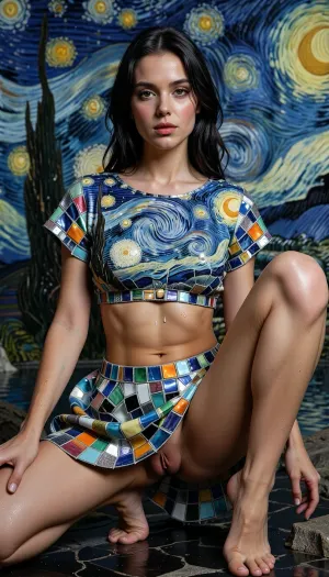 A woman with dark hair is posed in a stylized, painterly manner, (Hypnotized sex slave), (under mind control), (very hypnotized loving hearts eyes), (empty glowing brown eyes:1.6), small lips, very much blush on the checks and nose, (raised nasal tip, upturned button nose, upturned nose, delicate nose, nose), (teardrop perky tits:1.3), (barefoot:1.6), very slim model, Best quality, slim waist, horny look, long slender toned legs, very detailed, bare feet, glistening skin, perfect sexy body, perfect face, ((tanlines)), (perfect tight dripping virgin smooth young pussy:1.3), . She is adorned with a vibrant, textured dress composed of multi-colored, mosaic-like shards, reminiscent of a Van Gogh-style "Starry Night" painting. The dress features a crescent moon and is in shades of blue, green, yellow, and orange. The background is a serene landscape with mountains, trees, and a body of water.