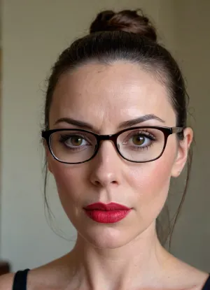 1girl, solo, ((mature face)), ((older milf)), (polka dot glasses), face focus, close-up portrait, Kendra Lust, (Kendra Lust looking mild), 58 year old mature Caucasian woman, dark brown almost black hair pulled back into an extremely tight high ponytail with a neat bun at the crown, not a single loose strand, thin rectangular polka dot glasses resting slightly low on the bridge of her nose, bright glossy deep red lipstick on full plump lips, soft mature face with high cheekbones, slightly hollowed cheeks, defined jawline that softens into a soft chin, mild nasolabial folds, fine crow’s feet at the outer corners of her eyes, subtle under-eye hollowness, light forehead lines, realistic mature skin texture with visible pores and natural micro-imperfections, arched dark eyebrows, almond-shaped eyes with a direct, slightly intense gaze looking at the viewer, fair skin with a warm undertone, photorealistic, ultra detailed face, sharp focus, soft studio lighting, 4k, best quality, masterpiece