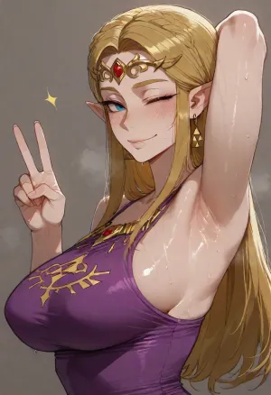 (ratatatat74), (Princess Zelda from Ocarina of Time), solo, armpit fetish, sweaty armpit, smile, wink, peace sign, looking at viewer, side view, <lora:ratatatat74-000050:2>