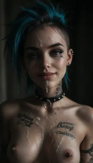 Emo punk, 21, (insanely sexy:1.5), elegant, slim, perfect breasts, very big bimbo lips, slim nose, big blue eyes, (aristocratic facial features), blue hair, very long eyelashes, oval face, thin eyebrows, (narrow face:1.3), strong makeup, (colourful body tattoos), (piercings:1.7), collar, (mascara tears:1.3), (ruined punk hairstyle:1.4), errected nipples, eye contact, (hint of a smile:1.4), (cheeky:1.5), ((excessive cum on face:1.3)), sunshine, shadows, detailxl, woman, cum, on, face, 1girl, emo, girl, <lora:Portrait_perfection:2>, <lora:JustCum:2>, <lora:2010s_Emo_Style_XL:2>, <lora:dark:.1>, <lora:detailer-xl:1.3>