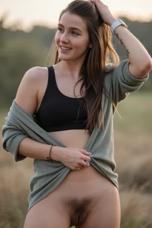 A young woman with long brown hair, light freckles, and a joyful, natural smile, looking to the left of the frame. She is wearing a black sports bra, an open, oversized sage green crinkled cotton shirt, and is naked underneath showing her vulva, having dense hairy patches of pubic hair. Her left arm is raised, hand touching her hair, and her right hand is gently holding the bottom of her shirt. She has a delicate tattoo of leaves and text on her left forearm and a thin bracelet on her right wrist, along with a white smartwatch on her left wrist.

Outdoor setting with a soft, out-of-focus background of muted green and warm brown tones, suggesting a field or natural landscape at dusk or dawn.

Soft, warm natural light, possibly golden hour, creating gentle highlights on her hair and skin, with subtle shadows that define her features and form.

Medium shot, slightly angled to the right, capturing her from the waist up. Shot with a prime lens, likely 85mm, at a wide aperture like f/1.8, creating a shallow depth of field with creamy bokeh.

Natural, candid, and joyful mood, with a focus on authentic expression and a relaxed, lifestyle aesthetic. High-resolution, detailed photograph with a slightly desaturated color palette and a warm color grade.