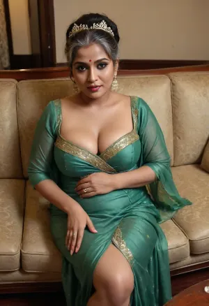 Bangladeshi mature old sister-in-law, that old boudi is horny, curvy whore, updo highlight hair, casino sofa, drunk old hag, 3/4 full body, supple busty
