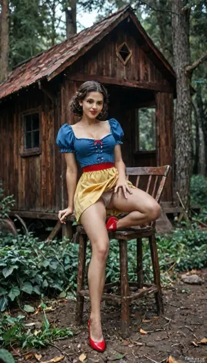 8k, score_9, score_8_up, score_7_up, score_6_up, FILM PHOTOGRAPHY STYLE, cinematic photography of a woman, professional portrait photo realism, Disney snow White, black short curly sleek haircut, blue puffy blouse with puffy arms, yellow puffy knee-length skirt, forest, trees, grass, wooden house, the Middle Ages, perfect body proportions, long slender smooth legs, red high-heeled shoes, narrow calves, narrow hips, perfect ass, big natural breasts, heaving cleavage, cowboy shot, perfect hands, red lipstick, seductive gaze, flirty smile, sitting on a wooden chair with her legs crossed, <lora:ratatatat74-000050:.8>, <lora:NEOTOKIOXL_0.2_RC:.8>, <lora:detailed_notrigger:2>, <lora:LCMTurboMix_Euler_A_fix:.8>, <lora:add-detail-xl:.8>