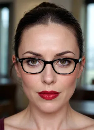 1girl, solo, ((mature face)), ((older milf)), (polka dot glasses), face focus, close-up portrait, Kendra Lust, (Kendra Lust looking mild), 58 year old mature Caucasian woman, dark brown almost black hair pulled back into an extremely tight high ponytail with a neat bun at the crown, not a single loose strand, thin rectangular polka dot glasses resting slightly low on the bridge of her nose, bright glossy deep red lipstick on full plump lips, soft mature face with high cheekbones, slightly hollowed cheeks, defined jawline that softens into a soft chin, mild nasolabial folds, fine crow’s feet at the outer corners of her eyes, subtle under-eye hollowness, light forehead lines, realistic mature skin texture with visible pores and natural micro-imperfections, arched dark eyebrows, almond-shaped eyes with a direct, slightly intense gaze looking at the viewer, fair skin with a warm undertone, photorealistic, ultra detailed face, sharp focus, soft studio lighting, 4k, best quality, masterpiece
