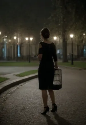 A young woman of European appearance, wearing only an unfastened robe and high heels, walks briskly through a park pushing a bab stroller, she has a slender body, large sagging breasts, a hairy pubic area, and her hair is tied in a ponytail. Wide shot., (walking with a bab stroller), (crying), (Crying), A park at night, kiosks, drunks lying around, homeless people. The city at night., (A park at night), homeless people. The city at night. 90s, USSR, NEGATIVE_HANDS, great, lighting, masterpiece, best photo, highly detailed background, ((16k quality)), Chiaroscuro Lighting Style, 4ng3l, face, (nighttime), (no ambient light), (overexposed flash highlights on subject), (cool white balance:1.3), (cyan-tinted shadows from digital camera sensor), (fluorescent lighting tint), (artificial lighting with cyan hue), (realistic dark environment with high flash contrast), (direct flash photography), (overexposed flash), (strong shadows), (sharp shadows), (background remains visible due to flash, but lacks blur or depth separation), (sharp background), (background in focus), (no background blur), (clear background details), (wet surfaces reflecting small highlights), (realistic environment), (scene "Myspace"), (2000s), (90s digital aesthetic), (Scene-Queen), (Myspace), (picture), (bad quality), (90s style), (80s), (1990s), (analogic), (analogic style), (low quality photo), (old camera), (flash photo), (old digital camera), (cellphone photography), (Polaroid flash camera), (raw), (jpeg artifacts), (film grain), (light leak), (low res), (low quality), (unfiltered), (low contrast), (low contrast:2), (noise in all darker areas), (noise in dark areas), (shiny reflections on surfaces), (gritty), (optional), Leica M10, dslr, Wide-Angle Lens 50mm, ((extremely closed shot:1.8)), (((closed-Angle perspective:1.8))), (((interesting angle))), (full-length image:1.9), ((rear side view:1.8)), (nighttime), (single harsh flash from the camera), (overexposed flash highlights on subject), (sharp shadows behind and around her), (heavy noise in all darker areas), (visible digital noise across the image), (gaussian blur), (soft gaussian blur across background and edges), (countertop and appliance surfaces reflecting small highlights), (flat lighting due to direct flash), (cool white balance:1.3), (film grain), (low contrast), (unfiltered), (jpeg artifacts), (unedited), (cellphone photography), (low ambient lighting), (lights mostly off), (Polaroid flash), <lora:sagging-000015:1.4>, <lora:crying:.7>, <lora:Polaroidv2:.4>, <lora:late night out_epoch_12:1>