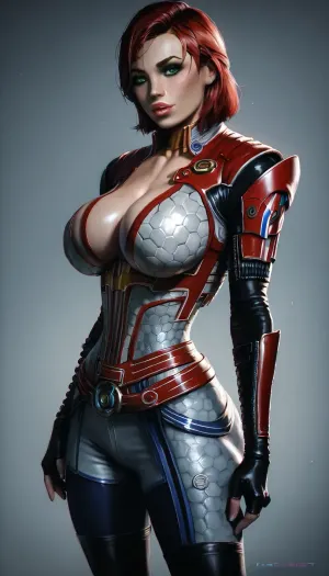 tall woman Jane Shepard, (masterpiece, best quality:1.2), thepit, thighhighs, (wide bimbo lips), fingerless gloves, ginger bobcut, black silver thighhighs with chromatic details, (Mass Effect), ((realistic green eyes)), ((looking at viewer)), Jane, shepard, chromatic n7armor with pants, commandershepard, (sharp focus), <lora:Microwaist_XL_v01:.8>, <lora:ThePitXL:2>, <lora:dark:.8>, huge, breasts, massive, <lora:SDXL_MassiveCowsLoRA_v1:.8>