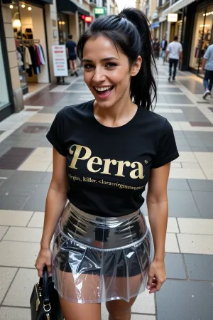 A 43 year old, (slim slender), (black ponytail), woman stands in a shopping street. She wears a plastic film skirt and a black t-shirt and a handbag., (photography is taken from a drone), laugh .On her t-shirt is a Text printed in large golden letters "Perra"., naked, sweater, virgin, killer, <lora:virginsweater:.5>