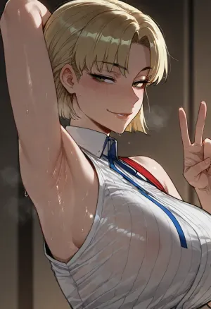 (ratatatat74), (akagi_ritsuko), solo, armpit fetish, sweaty armpit, arm raised, peace sign, smile, looking at viewer, side view, <lora:ratatatat74-000050:2>