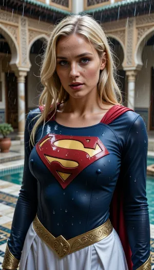 middle east 12th century, supergirl, blonde, classic uniform adapted to harem clothing, supergirl symbol on clothing, in the rain in the courtyard of an arabian harem, detailed background, Hyper-realistic close-up photograph, authentic skin texture with natural pores, soft natural lighting, editorial portrait style, shot on DSLR camera 85mm lens, high definition, natural colors, sharp focus, 4K resolution, ultra-detailed, photorealistic, no AI smoothing effect.