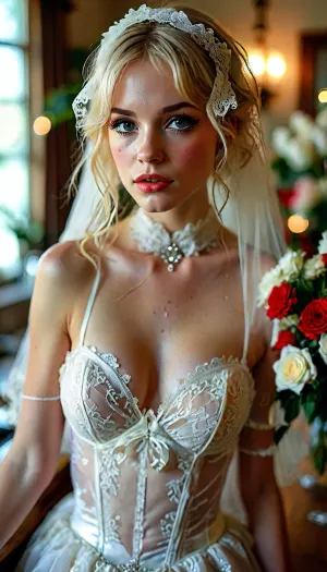 crossdressing pretty woman, high detailed, solo, beautiful model, provocation sexy, pretty egirl face, extremely pretty, extremely beautiful face, close up, supermodel face, 18 year old, slutty, boyish upper body, no curves, beautiful face, perfect face, wedding, wedding dress, blonde hair, white lace corset, white garter belt, white lace stockings, white high heel boots, long white lace wedding veil, large white lace choker collar, holding wedding bouquet, (gaussian blur), (soft gaussian blur across background and edges), (countertop and appliance surfaces reflecting small highlights), (flat lighting due to direct flash), (cool white balance:1.3), (film grain), (low contrast), (unfiltered), (jpeg artifacts), (unedited), (cellphone photography), (low ambient lighting), (lights mostly off), (Polaroid flash), <lora:MJ52:.5>, <lora:late night out_epoch_12:.9>, <lora:BUT_SDXL_SHS:.5>, <lora:LCMTurboMix_Euler_A_fix:.3>