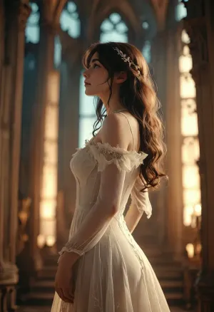 (vintage anime:2), artistic, low angle, 40 yo, belle caucasian female, long straight hair, white mesh, revealing, slender, gothic cathedral background, flowing light, ethereal, intricat, dark and moody atmosphere, mystical, elegant, fantasy setting, natural beauty, /KlTTY-ART/, <lora:COMFYUI_mimic_landscape_-_XL_SDXL v2.0:.1>, <lora:MJ52:.1>