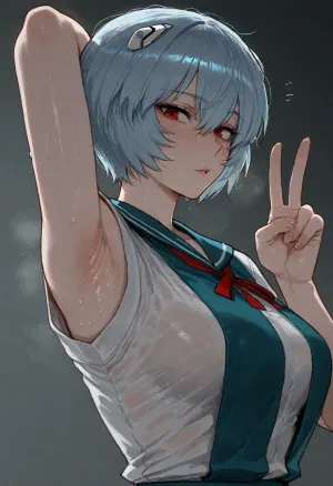 (ratatatat74), (Ayanami_rei, school uniform), solo, armpit fetish, sweaty armpit, arm raised, confused, peace sign, looking at viewer, side view, <lora:ratatatat74-000050:2>