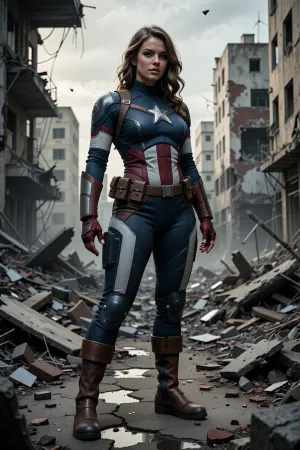HD illustration of a curvy woman, she is wearing a Captain America full body suit, dull fabric, post apocalypse, destroyed city, rubble, debris, cracked ground, damaged, obsolete, rotten, realism
