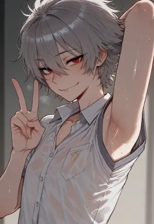 (ratatatat74), (kaworu_nagisa, flat chest, male, schoolboy uniform), gay, solo, armpit fetish, sweaty armpit, arm raised, peace sign, smile, looking at viewer, side view, <lora:ratatatat74-000050:2>