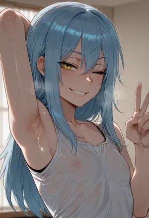 (ratatatat74), (rimuru_tempest), gay, solo, armpit fetish, sweaty armpit, arm raised, peace sign, smile, wink, looking at viewer, side view, <lora:ratatatat74-000050:2>