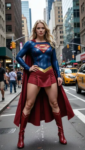 a highly photorealistic cinematic full-body fashion-action photograph of Supergirl, (Kara Zor-El), an adult woman in her late 20s, standing confidently on the ground in the middle of a busy Metropolis city street. Preserve her recognizable face, long flowing golden-blonde hair, blue eyes, and classic blue suit with the red-and-gold House of El shield emblem, short red skirt, yellow belt, flowing deep-red cape, and red knee-high boots. Both boots are firmly planted on the asphalt, she is not flying or hovering. Her stance is powerful and self-assured, feet set apart, shoulders back, chin lifted, one hand on her hip and the other relaxed at her side. Surround her with realistic city life, pedestrians walking on sidewalks and crossing the street, cars and taxis passing, traffic lights, storefronts, and towering glass-and-stone skyscrapers. People and vehicles create a lively urban atmosphere while leaving her clearly visible as the central subject. Ground-level perspective, full figure from head to boots, dramatic natural daylight with cinematic reflections, realistic skin and fabric textures, natural anatomy, detailed urban environment, professional live-action superhero film photography, crisp focus on Supergirl with gently softened background depth.