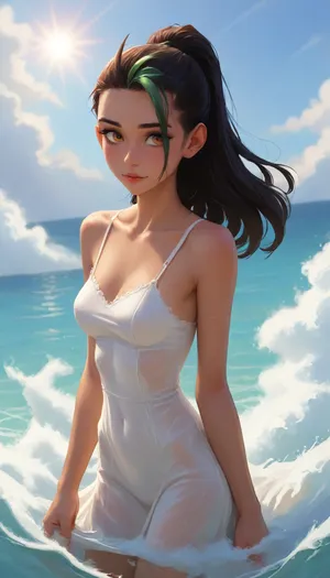 At the heart of the composition is a touching and aesthetically pleasing anime-style portrait of a young woman, (nemona from pokemon), standing in shallow water at the edge of the boundless ocean, bathed in the rays of the setting sun. She is depicted in an elegant three-quarter view from behind, looking over her shoulder directly at the viewer with a gentle, nostalgic smile. She has large amber eyes and a faint blush. Her long hair flows beautifully in the sea breeze. A white dress with bare shoulders, thin straps, and short ruffled sleeves, her slender, graceful fingers hold the hem of the dress, lifting it to mid-thigh, her legs, up to the calves, are in the dark water, surrounded by concentric circles, fine spray, and the foam of an oncoming wave. An epic sunset sky in the style of Makoto Shinkai, massive cumulus clouds in shades of orange, pink, and purple, stars in the upper blue sky, the low sun on the horizon with a narrow vertical golden ray and a dazzling, sparkling trail across the waves., flatee, v3rd, incase, style, <lora:Animated_Concept:.5>, <lora:BACKTOON_0.1_RC:1.2>, <lora:Incase_Style__SDXL:.3>