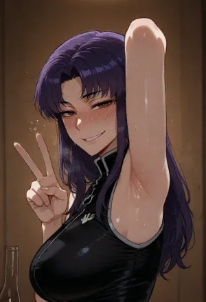 (ratatatat74), (katsuragi_misato, drunk), solo, armpit fetish, sweaty armpit, arm raised, peace sign, smile, looking at viewer, side view, <lora:ratatatat74-000050:2>