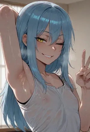 (ratatatat74), (rimuru_tempest), gay, solo, armpit fetish, sweaty armpit, arm raised, peace sign, smile, wink, looking at viewer, side view, <lora:ratatatat74-000050:2>