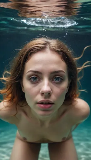 Nude woman under water, kneeling, closeup, eyes open