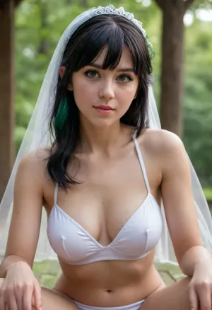 woman of 20 years old, pokemon wedding, veil, tan fair skin with freckles, nature, ((high detailed skin)), high quality, (highly detailed black hair with green bangs hanging in her face), sharp athletic body, highly detailed body, realistic skin texture, highest quality, white, view full body, Small feet, glowing Hazel eyes, medium, Nipples, sitting pose with legs open, realistic pussy, sweat, pussy dripping, wet pussy