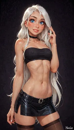 (reiq meets innv and Jack cayless art style), (Incase style:1.2), (tube top), beautiful girl, (very long hair), (joyful face:1.3), friendly slight smile showing her teeth, (face closeup:1.4), (((solo))), (black choker), (narrow waist), (sexy abs:1.2), (ruined makeup:.6), (bangs over eye), symmetrical blue eyes, snub nose, plumb lips, parted lips, teeth visible, half-closed eyes, (small breasts:.6), (erected nipples:1), 1girl, ((face focus)), (beautiful curves of the body), (hourglass body:1.5), realistic detailed, deep insertion, intim light, (black stockings:1.3), (black micro skirt:1.4), (plunging neckline:.7), (simple dark background:1.8), skin texture, futuristic-fantasy-anime, incase, style, (ciri), (cirilla), <lora:sd_xl_turbo_lora_v1-64dim:2>, <lora:futureistic_fantasy_anime_sdxl_v1:2>, <lora:Incase_Style__SDXL:2>, <lora:SDXL_BetterFaces-LoRA_v1:.8>, <lora:Witcher3TurnXL_v1:.8>