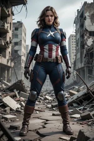 HD illustration of a curvy woman, she is wearing a Captain America full body suit, dull fabric, post apocalypse, destroyed city, rubble, debris, cracked ground, damaged, obsolete, rotten, realism