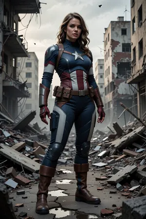 HD illustration of a curvy woman, she is wearing a Captain America full body suit, dull fabric, post apocalypse, destroyed city, rubble, debris, cracked ground, damaged, obsolete, rotten, realism