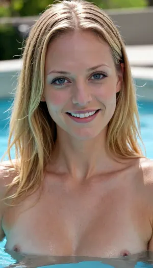 sexy nude swimmer, seductive smile, all wet, extremely long wet blonde hair, ((A.J. Cook)), in her private pool pool, cloudless sunny day, leaning forward, smoldering gaze, ready for sex, sexy pose, <lora:Carmine_Red_Lips:1.9>