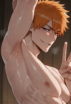 (ratatatat74), (Kurosaki_Ichigo from Bleach, male), gay, solo, armpit fetish, sweaty armpit, arm raised, peace sign, smile, looking at viewer, side view, <lora:ratatatat74-000050:2>