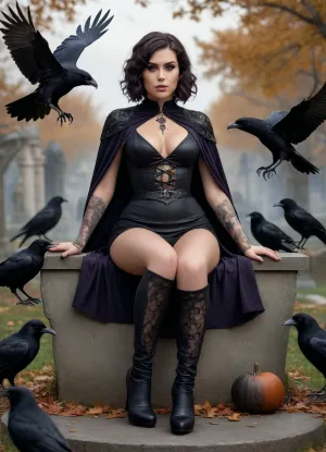 A hyper-realistic digital illustration for a Halloween greeting card, a sorceress, (appearing to be around 25 years old), with a pretty, round face, a high forehead, and a short, curly bob haircut. She is a mistress of ravens, seated on a tombstone and surrounded by a flock of these birds, she caresses herself, touching the area between her legs while the ravens watch her intently. She wears a revealing, sexy Halloween costume. Her body features prominent piercings—including nipple piercings, ear gauges, and eyebrow and nose piercings—and is adorned with runic, ritualistic tattoos that extend even to her intimate areas. Her appearance blends sensuality with an air of command, highlighting both the power and the magnetic allure of the character. She is wearing sexy, 15-centimeter high-heeled boots.