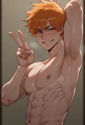 (ratatatat74), (Kurosaki_Ichigo from Bleach, male), gay, solo, armpit fetish, sweaty armpit, arm raised, peace sign, smile, wink, looking at viewer, side view, <lora:ratatatat74-000050:2>