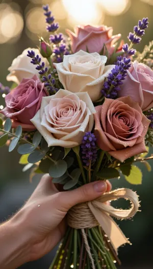 An exquisite, close-up composition focusing on an elegant, graceful hand delicately holding a lush, hand-tied artisanal bouquet of classic roses and fragrant lavender. The roses feature full, soft, velvety petals in shades of deep blush pink, creamy ivory, and warm dusty rose, intermingled with vibrant sprigs of fresh purple lavender displaying rich, textured blossoms. Subtle green foliage, fine eucalyptus leaves, and natural stems are bound together with a rustic, slightly frayed raw silk ribbon tied in a soft knot around the base of the bouquet.

The hand is positioned naturally, with soft, realistic skin texture, immaculate nails, and gentle finger placement that conveys tenderness and care. Delicate droplets of fresh morning dew rest gently on the rose petals and lavender buds, catching the light.

The background is softly blurred into a dreamy, cinematic bokeh with warm, dappled golden-hour sunlight filtering through, casting a gentle, ethereal glow across the floral arrangement. The lighting emphasizes the delicate tactile contrast between the soft velvet petals, the fine grainy texture of the lavender, and the light fabric of the ribbon.

Shot with the optical depth and focus characteristics of a prime 85mm portrait lens at an ultra-wide aperture of f/1.8, ensuring razor-sharp clarity on the rose petals, dew drops, and lavender details, while beautifully dissolving the surrounding atmosphere. Rich color harmony, organic textures, masterwork artistic composition, intricate micro-details, elegant atmosphere, 8K resolution, uncompromised visual clarity.