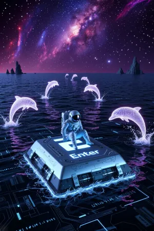 A surreal sci-fi scene, a lone astronaut in a white spacesuit with a dark, reflective visor sits on a giant “Enter” key from a computer keyboard, which is floating in the middle of a dark ocean. The key is massive, with the brightly glowing blue-and-white word “Enter” at the top and technical panels and connectors along the edges. Underwater, glowing microchip schematics and digital circuits are visible in blue and purple light, the seabed resembles the circuit board of an electronic device. Several holographic dolphins leap out of the water, rendered as a glowing white-and-purple mesh with a neon glow. The sky is deep space, filled with stars and a large, bright nebula in shades of pink, purple, and blue. On the horizon are dark, rocky islands. The water is dark blue, with reflections of neon light.