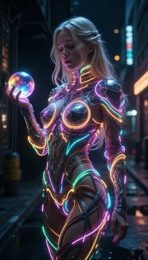 Picture a captivating, dreamlike scene, a glowing, (luminous female figure made of intricately woven multicolored wires:1.5), Long blonde hair, Holding a colorful glowing orb in her right hand, bathed in the radiant glow of neon lights, standing amidst the darkness of a city street. Describe the intricate details of this extraordinary image, including the subtle nuances of colour, texture, and atmosphere that evoke a sense of enchantment and mysticism around this striking, graceful figure, as if she were a living embodiment of electricity and wonder.