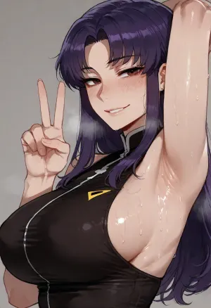 (ratatatat74), (katsuragi_misato), solo, armpit fetish, sweaty armpit, arm raised, peace sign, smile, looking at viewer, side view, <lora:ratatatat74-000050:2>
