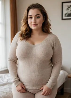 aesthetic of a pretty and kind celebrity 22 years plus sized woman at home in autumn. she has light-brown hair, sun-kissed skin with freckles, and big vivid brown eyes. she is extremely feminine with approachable vibes. wearing an oversized cozy knit sweater and, (high-waisted leggings), that hug her, (((wide hips))), and belly. she is, (((thick))), and, (((curvy))), .