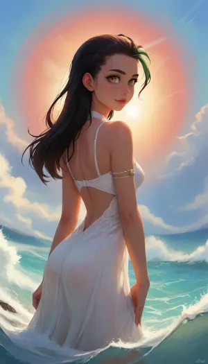 At the heart of the composition is a touching and aesthetically pleasing anime-style portrait of a young woman, (nemona from pokemon), standing in shallow water at the edge of the boundless ocean, bathed in the rays of the setting sun. She is depicted in an elegant three-quarter view from behind, looking over her shoulder directly at the viewer with a gentle, nostalgic smile. She has large amber eyes and a faint blush. Her long hair flows beautifully in the sea breeze. A white dress with bare shoulders, thin straps, and short ruffled sleeves, her slender, graceful fingers hold the hem of the dress, lifting it to mid-thigh, her legs, up to the calves, are in the dark water, surrounded by concentric circles, fine spray, and the foam of an oncoming wave. An epic sunset sky in the style of Makoto Shinkai, massive cumulus clouds in shades of orange, pink, and purple, stars in the upper blue sky, the low sun on the horizon with a narrow vertical golden ray and a dazzling, sparkling trail across the waves., flatee, v3rd, incase, style, <lora:Animated_Concept:.5>, <lora:BACKTOON_0.1_RC:1.2>, <lora:Incase_Style__SDXL:.3>