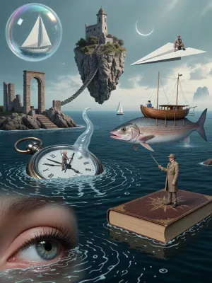 A surreal scene of crossing the sea by impossible means, a deep ocean with gentle ripples, an overcast sky with clouds and a slender crescent moon. In the foreground is a huge human eye, partially submerged in the water, with long eyelashes, looking upward. In the center, a massive pocket watch with Roman numerals and hands floats, a tiny figure stands on the dial, and a tiny water spout rises from the watch. Behind them are ancient stone ruins with arches and staircases on a rocky shore, from which a long spiral staircase leads up to a stone island floating in the sky, featuring a castle tower and trees. In the sky is a huge soap bubble with iridescent hues, inside which a white sailboat is floating. On the other side, a paper airplane is flying through the air, with a man in a hat and coat sitting on it. A giant fish swims in the sea, on its back stands a wooden boat with masts and a man in blue clothing, a small sailboat is visible in the distance. On the other side, in the foreground, is a huge closed book with gold embossing on the cover, atop which stands a man in a raincoat and hat, holding a thin pointer. All objects float or hover above the water as means of crossing the sea, soft, cinematic lighting, hyper-detailed textures of water, stone, wood, and metal, an atmosphere of dreamlike absurdity in the spirit of René Magritte and Salvador Dalí, rendered in a digital interpretation.
