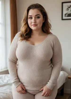 aesthetic of a pretty and kind celebrity 22 years plus sized woman at home in autumn. she has light-brown hair, sun-kissed skin with freckles, and big vivid brown eyes. she is extremely feminine with approachable vibes. wearing an oversized cozy knit sweater and, (high-waisted leggings), that hug her, (((wide hips))), and belly. she is, (((thick))), and, (((curvy))), .
