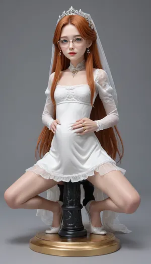 SnowStyle, (futanari's horse penis squeezes gold rings:1.5), bride, high quality fantasy art of a beautiful adorable super cute girl, glowing within, delicate figurine, kawaii, chibi, mature, (old milf:1.28), adorable, ginger, glasses, big ass, flexible, spreading legs, arched back upwards, goth, 30 year old, very long hair, (belly bulge:1.5), (skinny:1.3), ginger heir, Squatting, (((Giant BlackDildo))), hyper massive huge extreme insane pussy dildo, Largest dildo possible, huge pussy toy, full body view, extremely wide dildo too big for girl and stretches pussy to breaking point, hyper extreme dildo wider than her thigh, pussy dildo, extreme insertion, hyper insertion, Biggest dildo imaginable, show full body in view, victorian, dress, <lora:SDXLFestiveSnow:.1>, <lora:victorian_dress-XL-2.0:2>