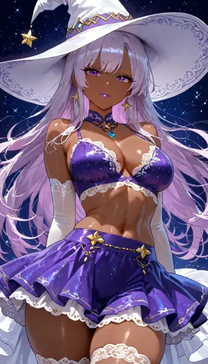 (((big beautiful anime eyes:1.2))), lipstick, make-up, glitter, dark eye liner, ((long lashes)), 25 year old Filipina witch, dynamic pose portrait, petite athletic toned firm body, toned fit abs, bright purple blue, plain hat, ethereal whimsy aesthetic, subtle under short nano skirt, lace and satin lingerie, <lora:add-detail-xl:1.2>, <lora:attractive_notrigger:1.2>, <lora:detailed_notrigger:1.2>, <lora:LCMTurboMix_Euler_A_fix:1.2>, cute smile, stockings, starry dark background, dark hair, dark skin
