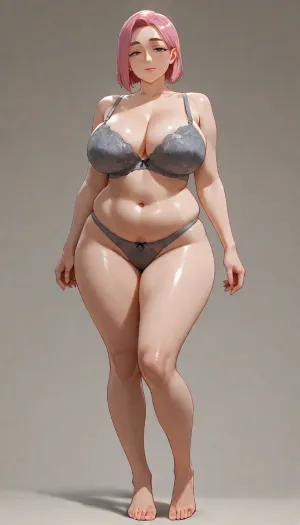 masterpiece, best quality, absurdres, newest, highres, very aesthetic, 1girl, solo, mature female, adult, short_hair, bob_cut, pink_hair, brown_eyes, large_breasts, fat, toned, pale_skin, pubic_hair, landing_strip, grey lace bra, grey panties, high-waisted panties, cotton, wide face, thick eyebrows, narrow eyes, long nose, standing, full body, looking at viewer, simple background, soft lighting, detailed face, detailed eyes