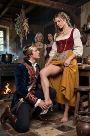 Ultra photorealistic cinematic interpretation of a seventeenth century Cinderella fairytale, inside a poor farmhouse kitchen, a glass slipper being fitted onto the dusty bare foot of a beautiful adult peasant woman, 25 years old, foreground composition, on the left a handsome adult prince, 28 years old, kneels facing right, wearing a delicate narrow golden crown, tailored midnight blue velvet doublet with deep crimson panels, intricate gold embroidery, ivory linen shirt, richly brocaded cuffs, fitted breeches, polished leather boots, and a ceremonial sword, his unmistakably royal elegance contrasting with her poverty, one hand supports her raised ankle while the other guides the transparent crystal slipper over her toes, its curved glass heel visibly refracting light, on the right she stands with one foot resting upon a small round three legged wooden milking stool, the other on uneven flagstones, wearing an authentic rustic peasant dress, tightly laced faded burgundy bodice, low square neckline revealing generous décolletage, covers her beautiful very big and huge firm tits, cream linen blouse with gathered sleeves, frayed apron, and a heavy ochre skirt, with one hand she deliberately gathers and lifts her skirt high above her bent knee, exposing her bare pussy toward the prince, blonde pubic hair, holding its folds aside to invite the prince’s furtive glance beneath, her bold flirtatious gesture revealing her thigh while the fabric preserves a shadowed mystery, from his low kneeling viewpoint the prince reacts with astonished delight and embarrassment, she grins cheekily down at him, chin raised, eyebrows playfully arched, utterly self assured, honey blonde hair in thick imperfect braids with escaping wisps, natural skin texture and expressive eyes, in the softly blurred background three women watch bitterly, one elderly gray haired stepmother and two adult stepsisters, their disapproval unmistakable, the kitchen contains rough oak beams, bunches of drying herbs hanging overhead, soot darkened masonry, an open wood burning hearth with orange flames, a blackened iron cooking pot, a battered copper kettle, stacked firewood, chipped earthenware, and worn wooden utensils, narrow windows project afternoon sunlight through floating dust, atmospheric smoke and dark corners, rich natural saturation, restrained golden highlights, deep textured blacks, underexposed by two stops, strong local microcontrast, optical falloff, subtle analog film grain, fabric weave, worn leather and imperfect wood grain, 35 mm documentary lens, cinematic shallow depth of field, believable anatomy and tactile photorealism
