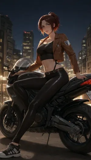 ((Insanely hot)), ((top quality、masterpiece、high sensitivity、high resolution、detailed depiction、depiction of a delicate face、thin face、 cute eyes, defined nose)), ((Hange Zoe from "Attack on titan")), is advanced digital art, glasses, tanktop, brown open leather jacket, tight black leggings、sneakers, holding sports bike helmet, night city outskirts background, ((slim body)), confident, ((extremely confident look in her eyes)), ((poor lighting)), (((sitting on a sports motorbike))), (feminine stance), score_9, score_8_up, score_7_up, score_6_up, (j_cartoon:1.4), Drawing, <lora:hinaTuningFaceDetailer_SDXL-v2-rank256-pruned:.8>