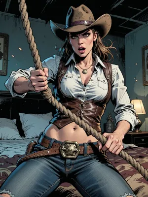 Hand-drawn comic book sketch of a fierce cowboy-styled woman in a dimly lit, atmospheric bedroom. Dynamic action pose, high-octane energy, dramatic low-angle perspective. She is aggressively pulling and winding a thick textured lasso rope with both hands, creating action tension. She wears a fully covered western button-up shirt, a tough leather vest, denim jeans with a large belt buckle, and a weathered stetson hat. Masterpiece quality, hyper-detailed rendering of human anatomy, flawless 5-finger hands tightly gripping the braided rope, ultra-sharp iris reflection with vivid color depth, individual fabric textures, denim weave, and leather stitching visible. Bold ink linework, cross-hatching shading, raw sketch aesthetics mixed with comic art style, hyper-detailed, award-winning composition, 8k resolution.
