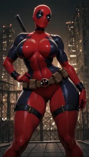 (Lady Deadpool:1.6), full red-and-black tactical suit and mask on, scarred athletic body, large breasts, wide hips, thick thighs, wearing a tight Black Widow catsuit over her own suit, zipper partially open, standing with legs apart on a rooftop at night, one hand on her hip, the other adjusting the utility belt, city lights behind, cinematic lighting, sharp focus, highly detailed