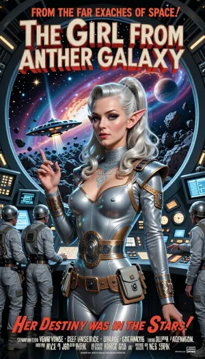 A dynamic, richly colored hand-painted vintage movie poster illustration in the dramatic style of classic 1950s and 60s B-movie science-fiction advertising. The poster captures a thrilling, action-packed space opera scene with bold typography and iconic genre clichés, without any weaponry. The background features a vibrant cosmic landscape of swirling nebulae, distant star clusters, and a massive, stylized view of the Milky Way, all within a circular viewscreen aboard a futuristic, multi-deck spaceship control room. Through the viewport, a sleek, flying-saucer-style spacecraft with glowing engines is seen rocketing through a dense field of asteroids towards a mysterious planet.

Dominating the foreground is the central subject, an otherworldly extraterrestrial woman. She is strikingly beautiful but clearly alien, with pronounced non-human traits. She possesses delicate, subtly elongated pointed ears with intricate dermal ridges, large, wide-set violet eyes with feline-like pupils that glow softly, and a slender neck adorned with faint, iridescent bioluminescent patterns. Her skin has a very light, pearlescent azure-teal hue with subtle micro-scale textures along her high cheekbones and jawline. Her hair is a shimmering, metallic platinum-silver, sculpted into an elegant, elaborate 1950s-era updo with flowing waves that frame her face. She wears a form-fitting, retro-futuristic one-piece space uniform of shimmering silver-grey composite fabric with decorative copper trim, high shoulders, integrated brushed-aluminum accent rings, and various complex utility pouches and panels on her belt. She is standing with a composed, heroic gaze, gesturing towards the cosmic view. A team of classic human civilian space explorers, in clean ribbed pressure suits, are visible behind her in the complex control room filled with glowing knobs, large analog dials, flickering CRT screens, and heavy-duty metal consoles, pointing at charts and monitors.

Bold typography dominates the top and bottom of the poster.

Top Banner, (Tagline in blocky red and yellow letters), "FROM THE FAR REACHES OF SPACE!"

Main Title, (Huge, rugged, futuristic 3D block letters with cosmic textures, centered), "THE GIRL FROM AN OTHER GALAXY"

Sub-title, (Smaller, dramatic red script below title), "HER DESTINY WAS IN THE STARS!"

Bottom Credits, (Classic layout with actor names), "STARRING, VIVIAN VANCE • ALAN REED • JONATHAN HARRIS • DIRECTED BY, CURT SIODMAK • A COLOSSAL PICTURES PRODUCTION."

The poster uses rich, saturated colors, deep reds, vivid teals, yellows, emerald greens, and metallic blues. The overall aesthetic is gritty, textured, with visible brushstrokes, high-contrast lighting, and dramatic shadow.